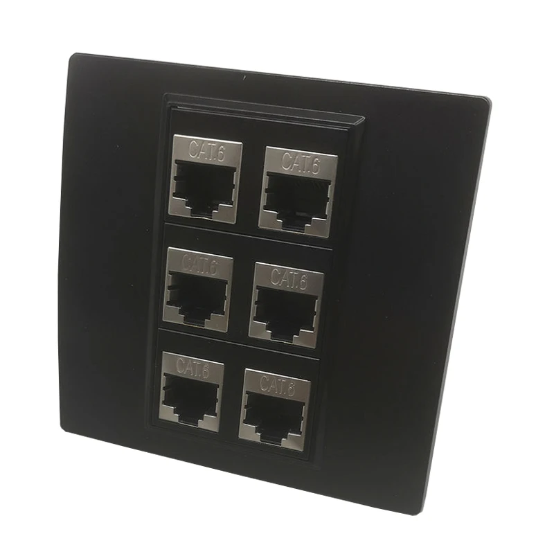 6 Ports Shielded Female CAT6 RJ45 Network Plug Socket Wall Panel In Black Color 86x86mm Internet Six Gang Straight LAN Faceplate