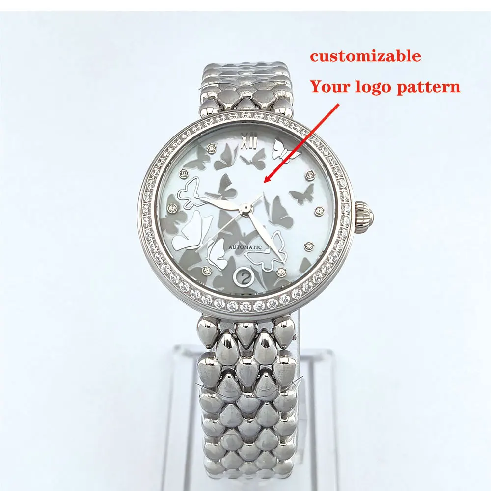 Jam tangan wanita kustom 32,3mm dengan mesin mekanis otomatis Miyota 8215, jam tangan wanita yang indah, hadiah jam tangan wanita.