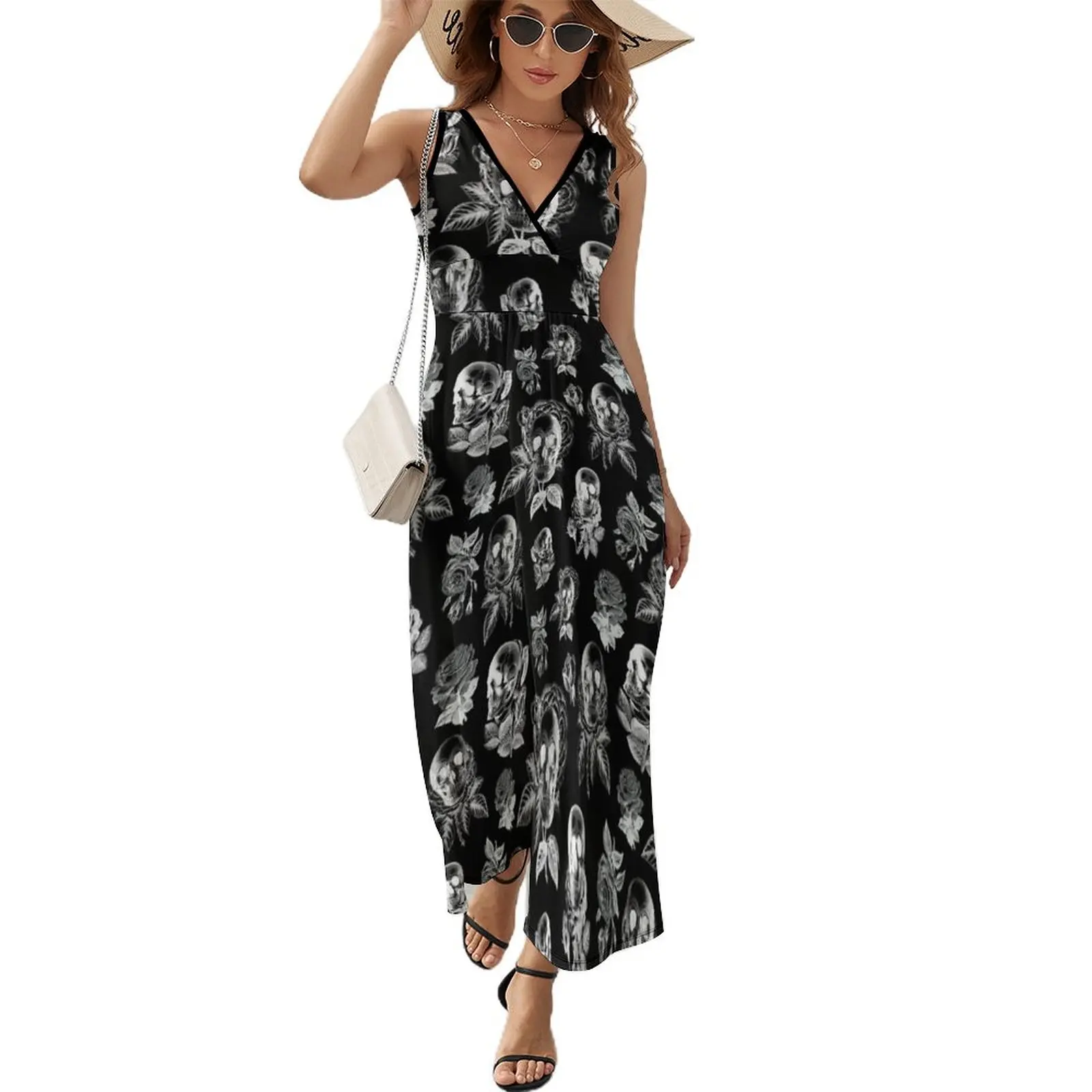 

Skulls 'n' Roses Monochrome Sleeveless Dress dresses korean style Long dress dress for women 2024