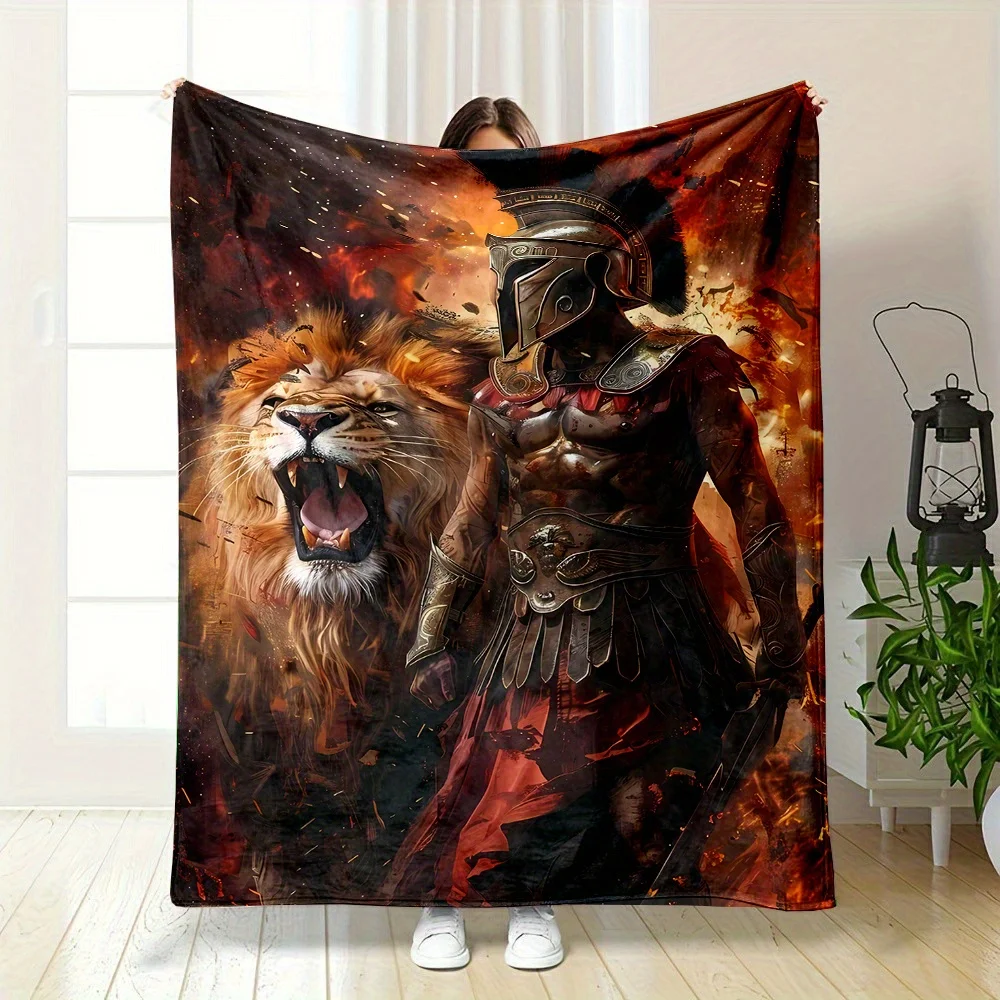 Lion and Spartan Warrior Flannel Blanket, Soft, Warm and Multi-Use for Sofa, Bed and Camping
