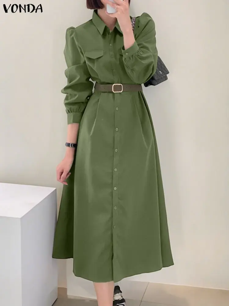 VONDA – Robe chemise longue élégante pour femmes, manches longues, revers, mi-longue, sans ceinture, boutons décontractés, couleur unie, mode automne, Robe de soirée