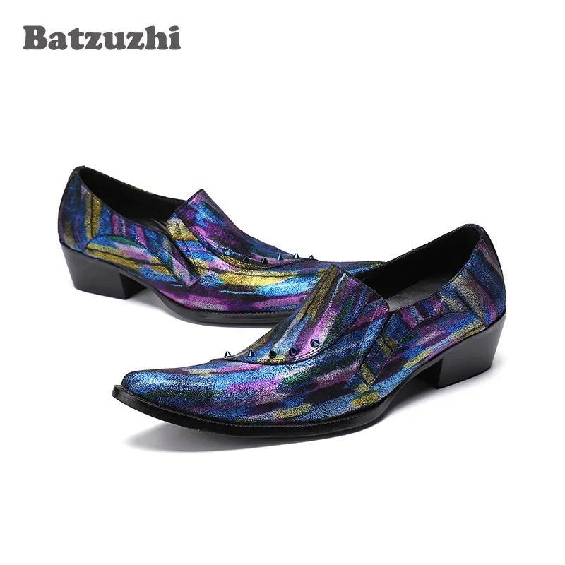 Batzuzhi New Handsome Mens Shoes Pointed Toe Blue Muti Color Business Dress Shoes Flats Rivets Party Runway Shoes Men, US12