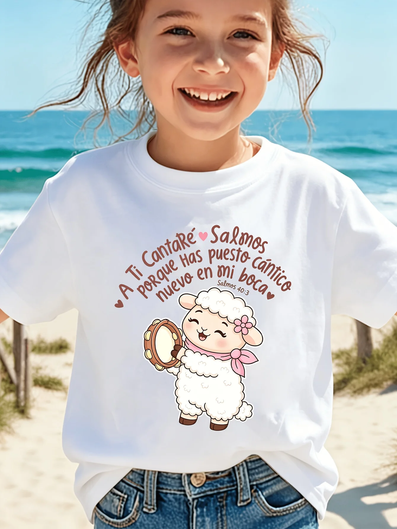 Kids Cute Lamb Spanish Bible Verse Letter Graphic Tee Boys Girls Family Matching Short Sleeve Religious Faith Everyday T Shirt