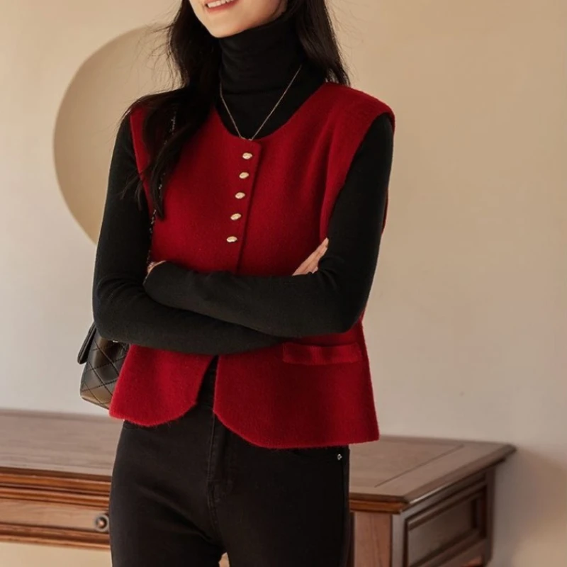 

Вязаные жилеты с круглым вырезом для женщин, джемпер, легкая верхняя одежда, роскошное предложение, вязаный крючком жилет, гладкие красные женские свитера Y2k