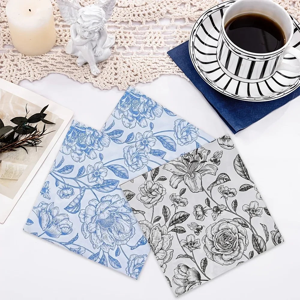 Black/Blue Rose Printed Napkin 33*33cm Disposable Paper Placemats for DIY Wedding Party Hotel Dinner Table Setting Layout