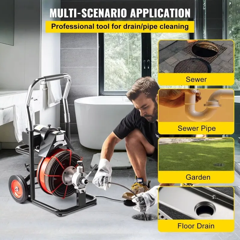 75ft/100ft Electric Drain Cleaning Machine with Cutter 220V X 1/2 Inch or 3/8 Inch Auger Pipe Cleaner New Condition