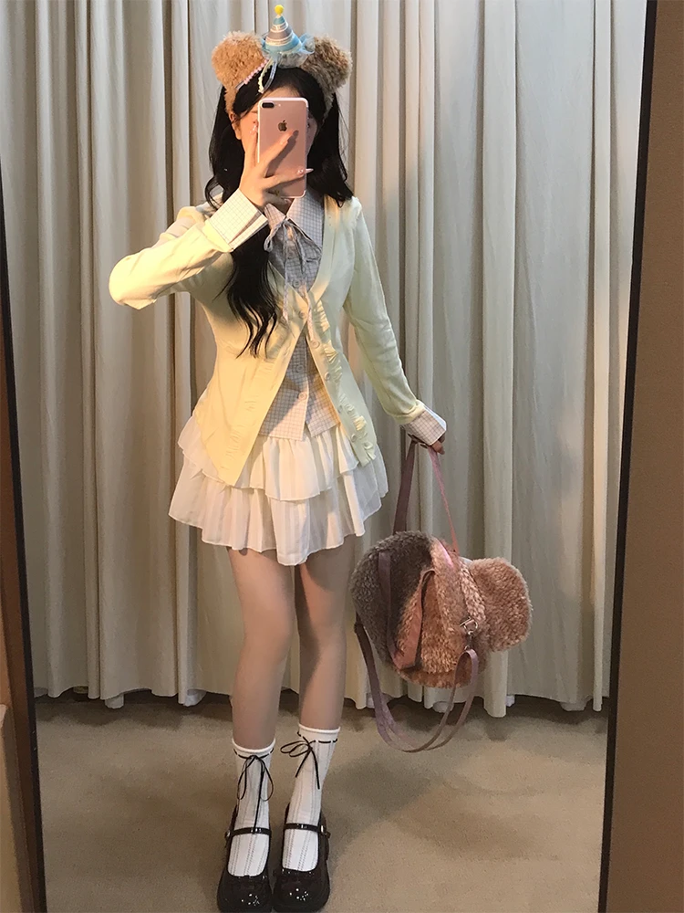 Doux Preppy Sle femmes deux pièces ensemble jupe longue Sve Polyester tissu automne Collection gâteau f jupe faux deux pièces haut