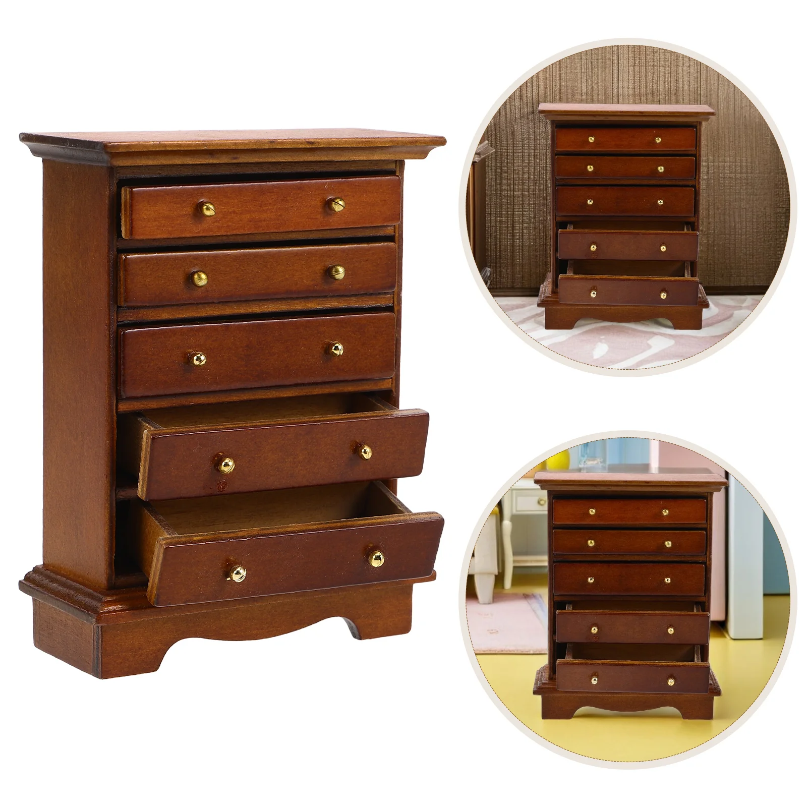 

Retro Mini Furniture Nightstands Miniature Model Scene Side Cabinet Dollhouse Table Birch for Storage
