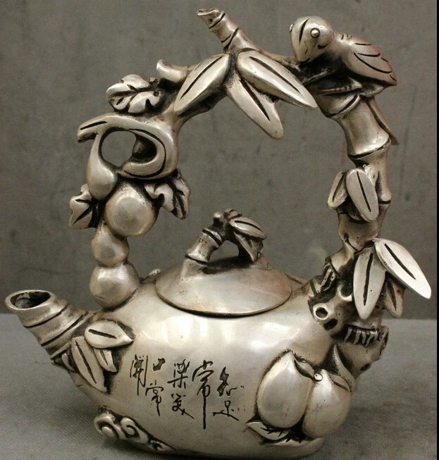 

decoration bronze factory outlets Tibet Silver 9" China Silver HanZi Fly Cicada Gourd Bamboo Handle Statue Wine Pot Teapot W004