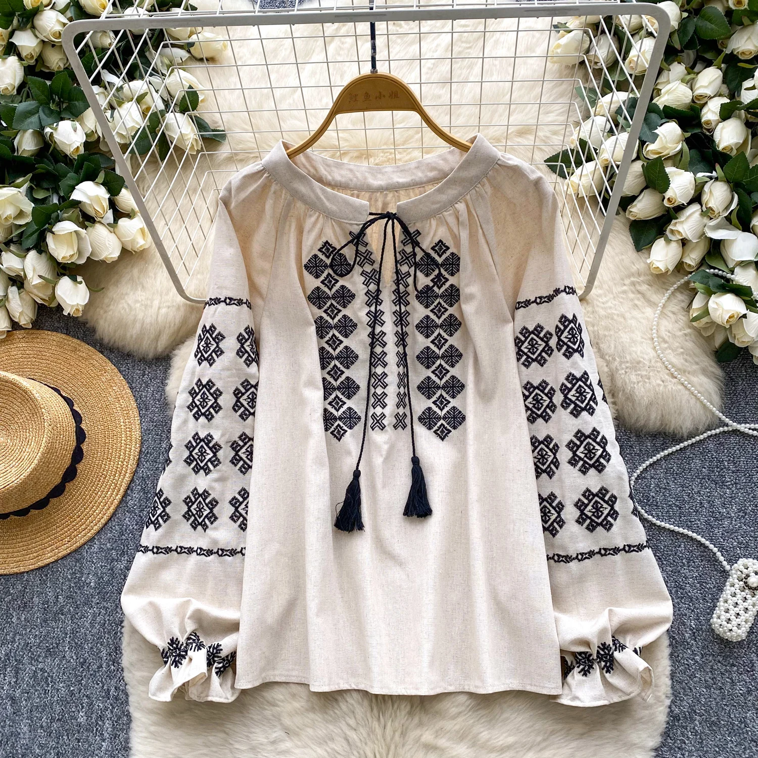 

Винтажная сексуальная вышитая свободная блузка с длинными рукавами, элегантный корейский модный топ, осенняя женская рубашка