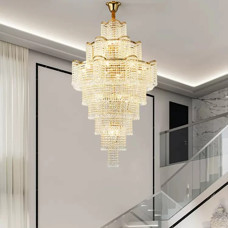 Modern Luxury Long Chandelier Staircase Loft Villa Lobby High Ceiling Decoration Golden Crystal Hotel Theater Large Chandelier