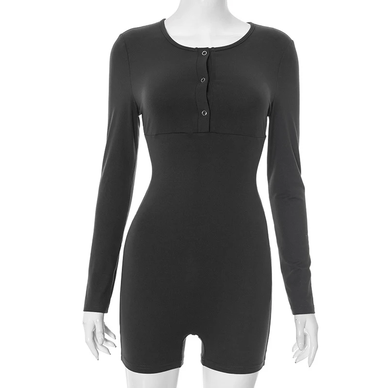 

BKLD Women Minimalist Casual Single Breasted Long Sleeved Solid High Waist Skinny Round Neck Jumpsuit Shorts 1Pcs Sexy Playsuits