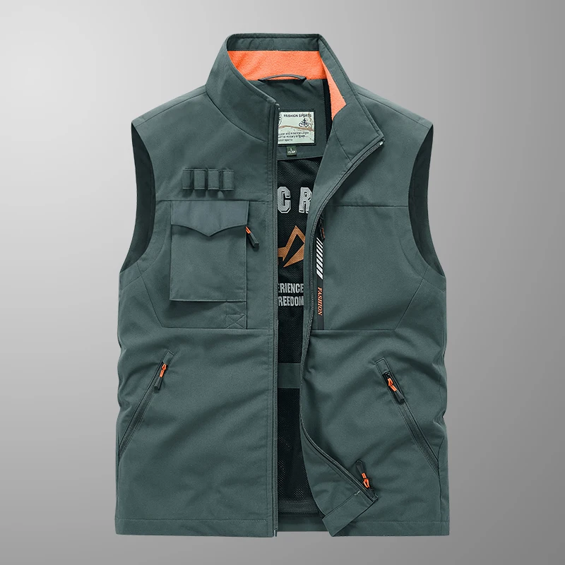 2024 men\'s vest, outdoor casual multi pocket fishing mesh vest, men\'s photography vest Four season universal stand collar