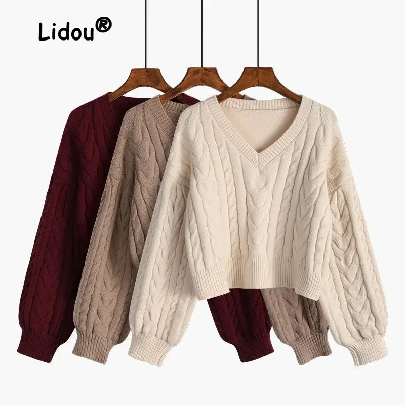 Fashion Autumn Winter Solid Color Sweaters Women New Classic Puff Sleeve Short Loose V-neck All-match Knitting Pullover Top 2022