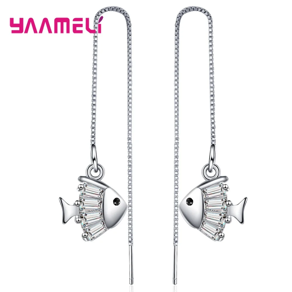 925 Sterling Silver Women Earrings Jewelry Cute Fish Charm Long Box Chain Thread Kissing Design Pendientes Brincos Popular
