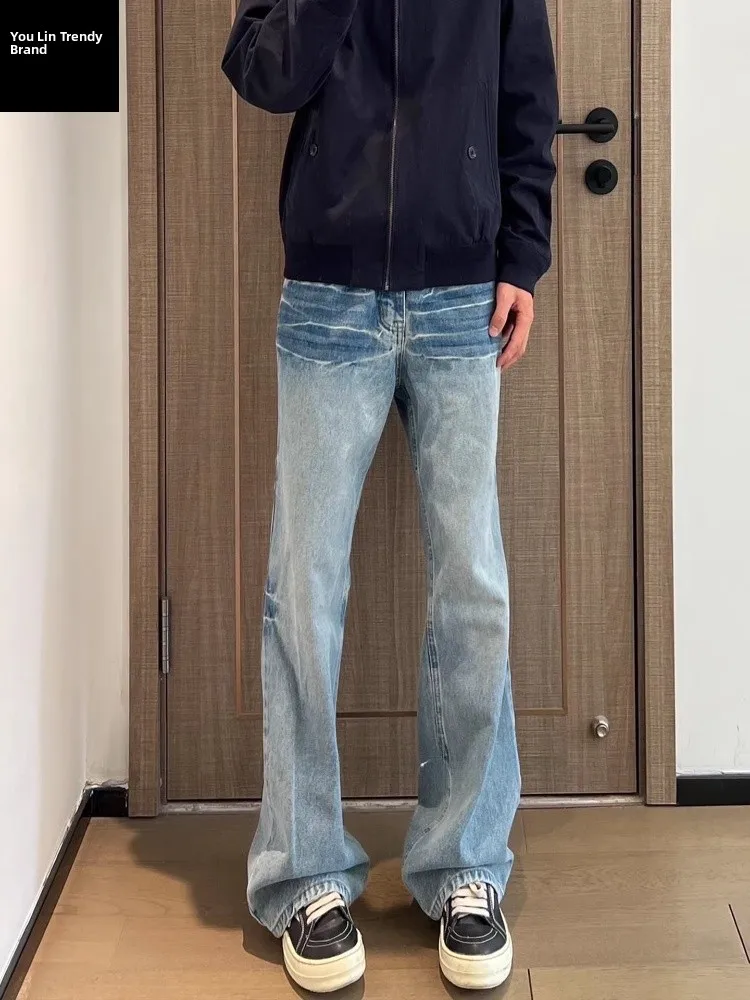 

Ретро-джинсы с синим узором в виде молний, мужские, прямые, с эффектом потертости, летние, модные, в стиле High Street