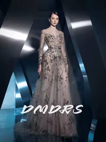 Long Sleeved Embroidered Beads Customized Charming Prom Gown Dainty Illusion A Line Beautiful Evening Dress New Arrival
