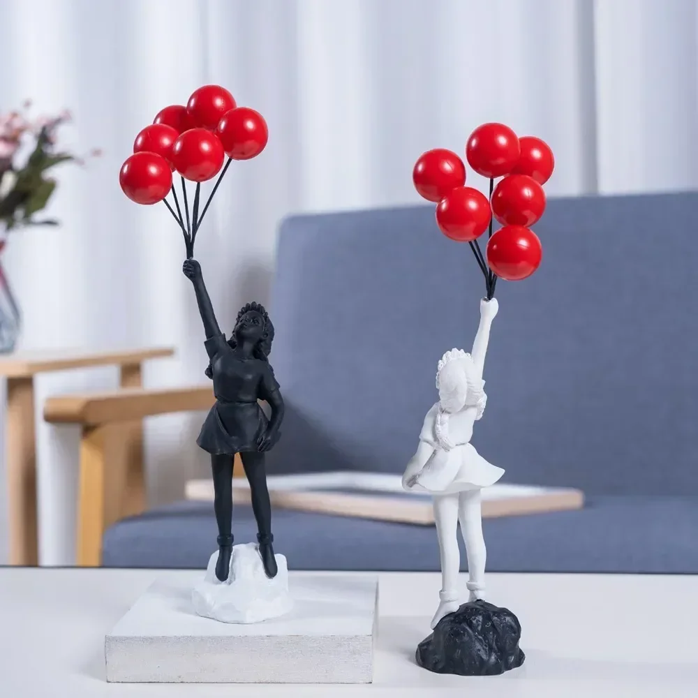 Banksy Girl and Heart Balloon Sculpture Figurines Modern Street Art Painting Living Room Bookcase Table Office Home Decoration