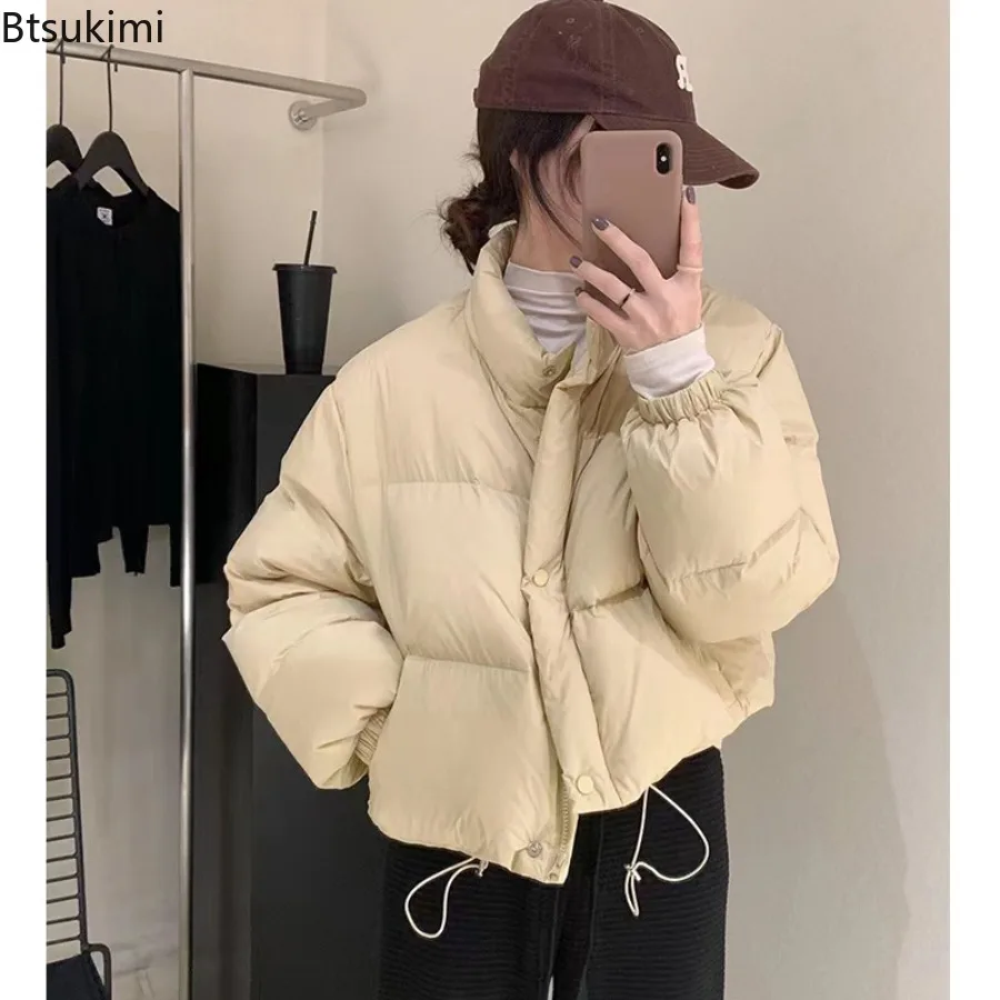 

Women Stand-up Collar Short Style Cotton-padded Jacket Autumn Winter Solid Warm Top Female Zipper Long Sleeves Loose Bread Coat
