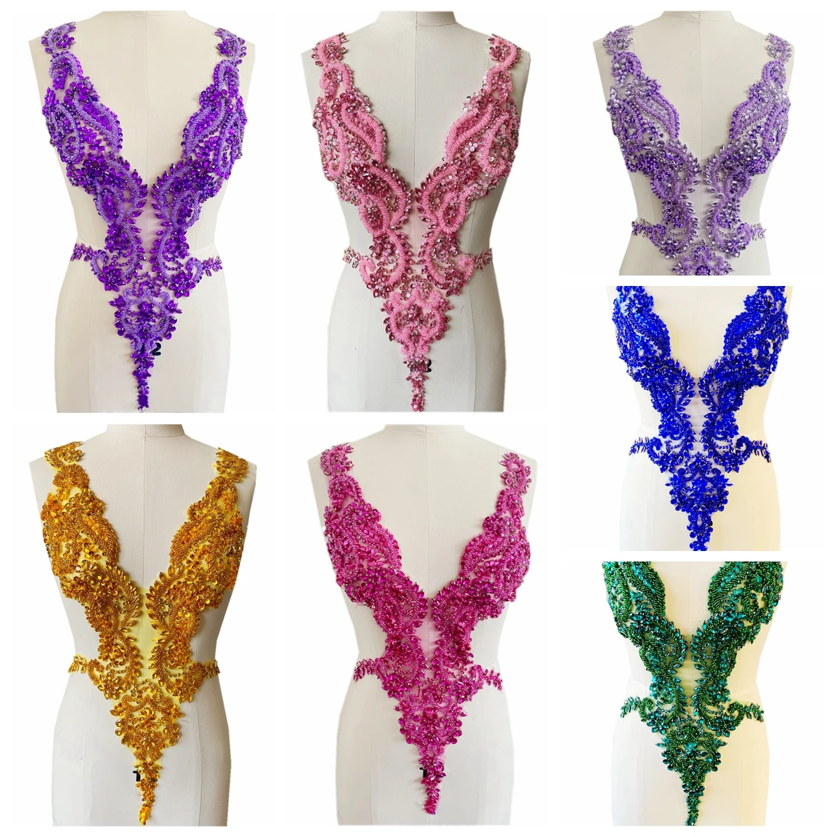 Handmade rhinestones lace applique handsewing beads sequins trimming patches for dress clothing accessories more colour