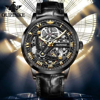 OUPINKE 3173 reloj mecánico de moda con esqueleto hueco para hombres escala romana reloj de mano resistente al agua relojes automáticos luminosos