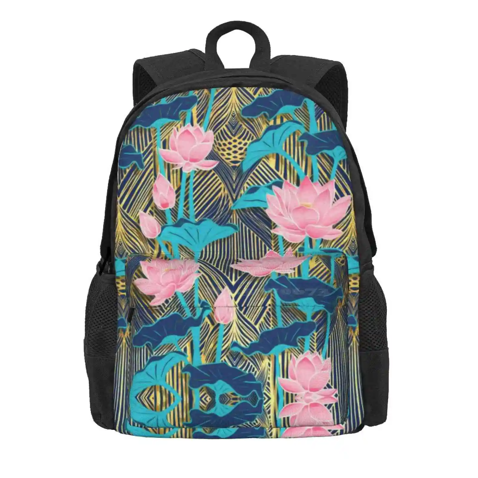 Art Deco Lotus Flowers In Pink & Navy Hot Sale Schoolbag Backpack Fashion Bags Lotus Flowers Nouveau Pink Navy Indigo Gold Lily