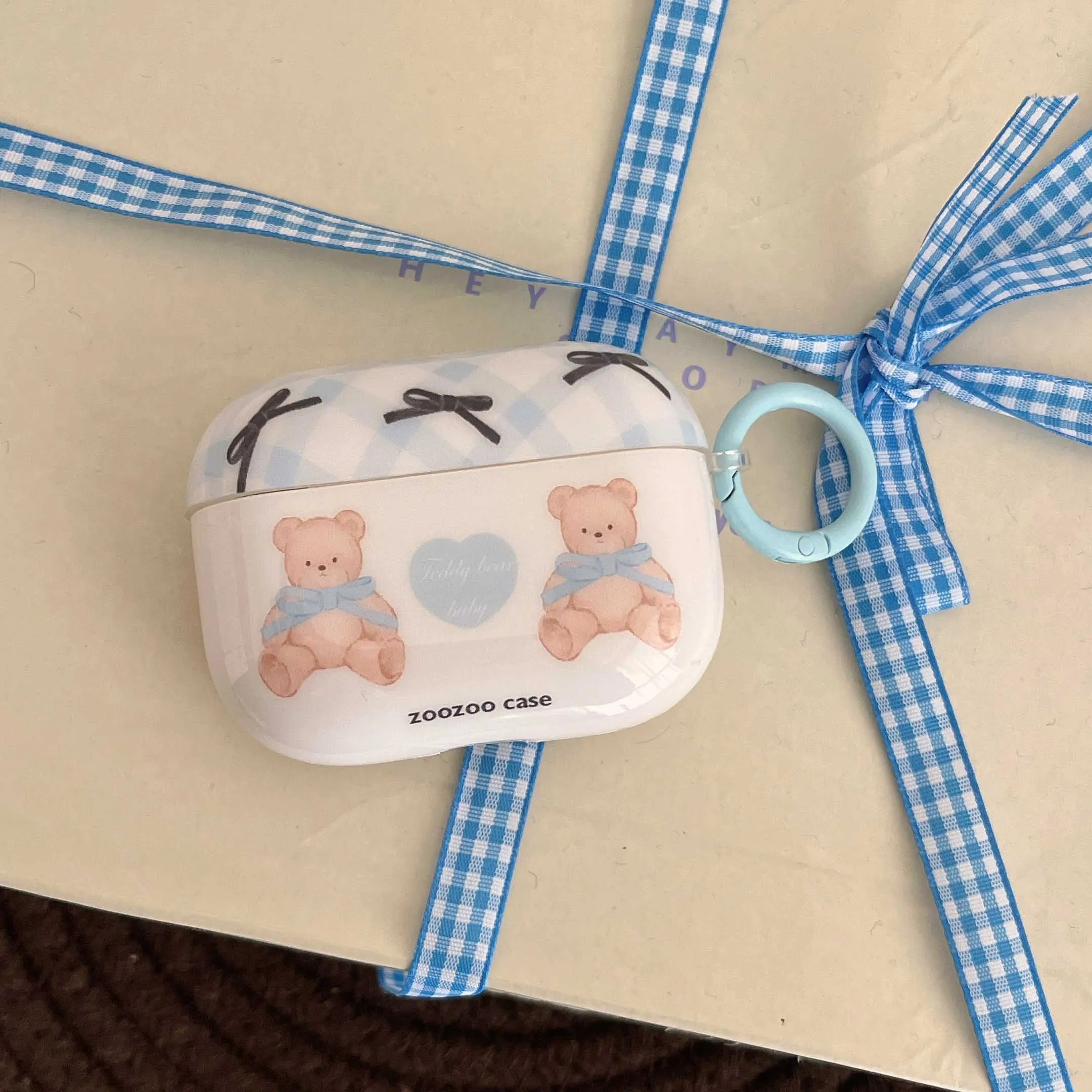 Ins blue love heart check protector fundas for apple airpods 3 pro 1 2 pro2nd cute bowknot bear earphone case charging box