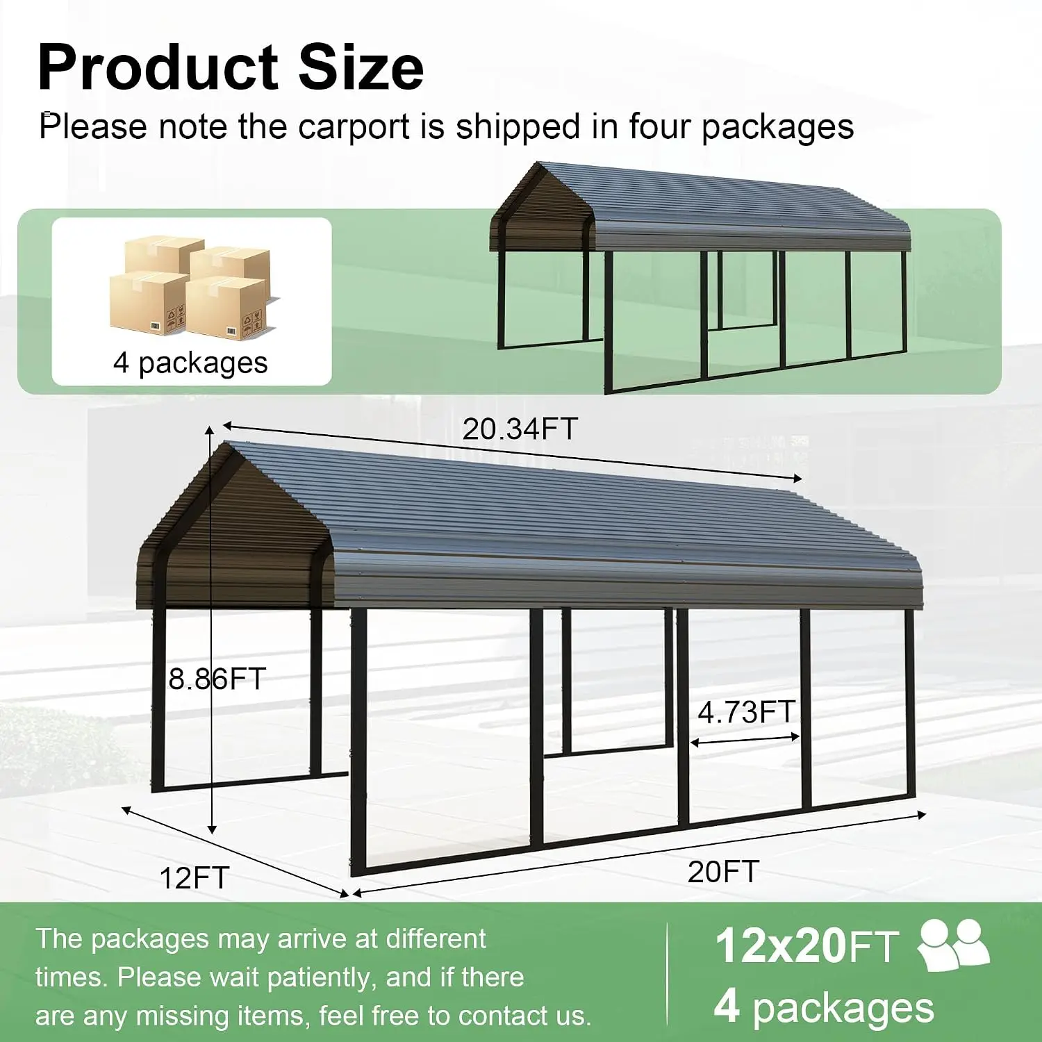 12x20 FT Heavy Duty Metal Carport - Gray Galvanized Steel Garage Canopy for 1-2 Cars, Waterproof Lean-to Shelter, Customized