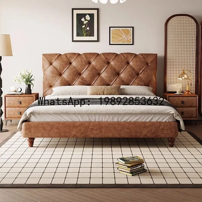 CZ  Retro Oil Wax Leather Bed Solid Wood Genuine Leather Luxury Master Bedroom Double Bed Minimalist Wedding  Storage Bed