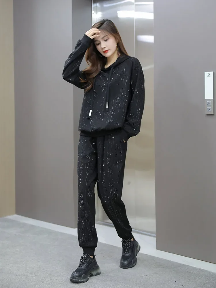 Fashion Suit Women Oversized 2022 Autumn Winter New Heavy Hot Drilling Slimming Loose Elegant Streetwear Casual Two-Piece Set