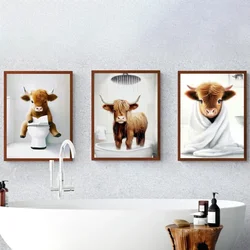 4pcs Quirky Farm Animal Cow Poster Humorous Whimsical Scottish Cow Lover Gift Canvas Painting Bathroom Decor Frameless Wall Art