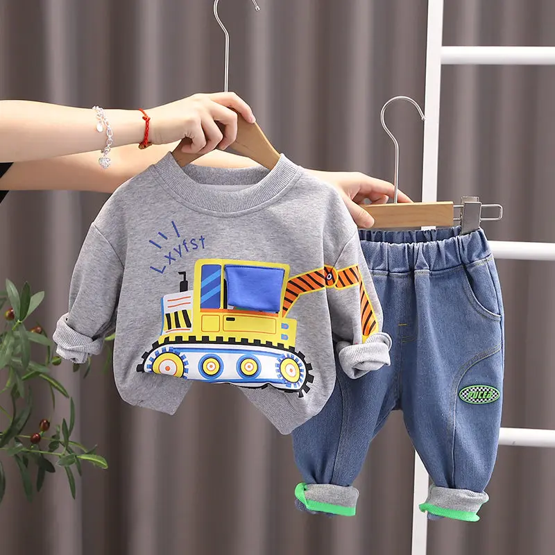 Spring Autumn Children Boys Clothing Printe Cartoon Long Sleeve Kids Clothes Tracksuit Kids T-Shirt Jeans 2Pcs/Set 0-5 Years