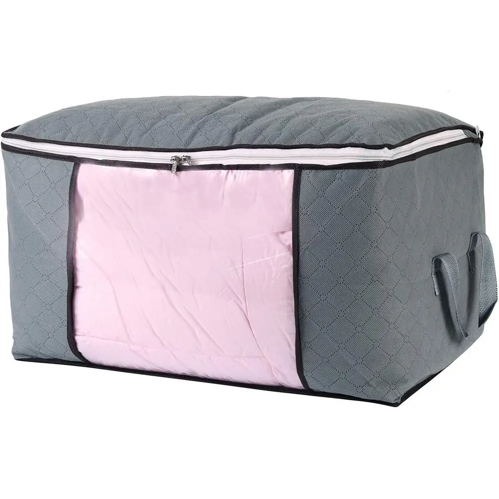 Large Clear Window Zippered Storage Bags with Handles, Organizers for Blankets, Pillows, Quilts, Bedding, Clothes (2 Pack Grey)