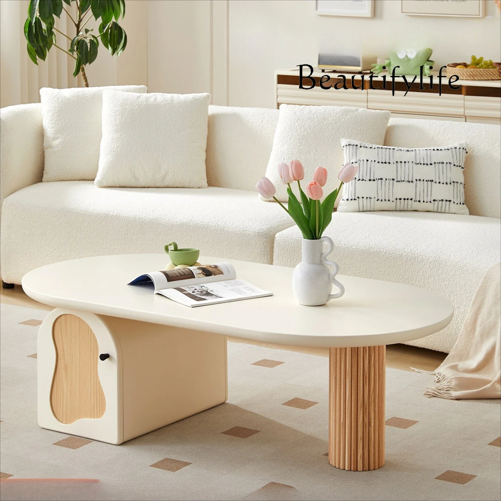 X35 Nordic Coffee Table Cream Style Japanese Small Apartment Solid Wood Modern Simple Living Room Tea Table Advanced Semi-circul