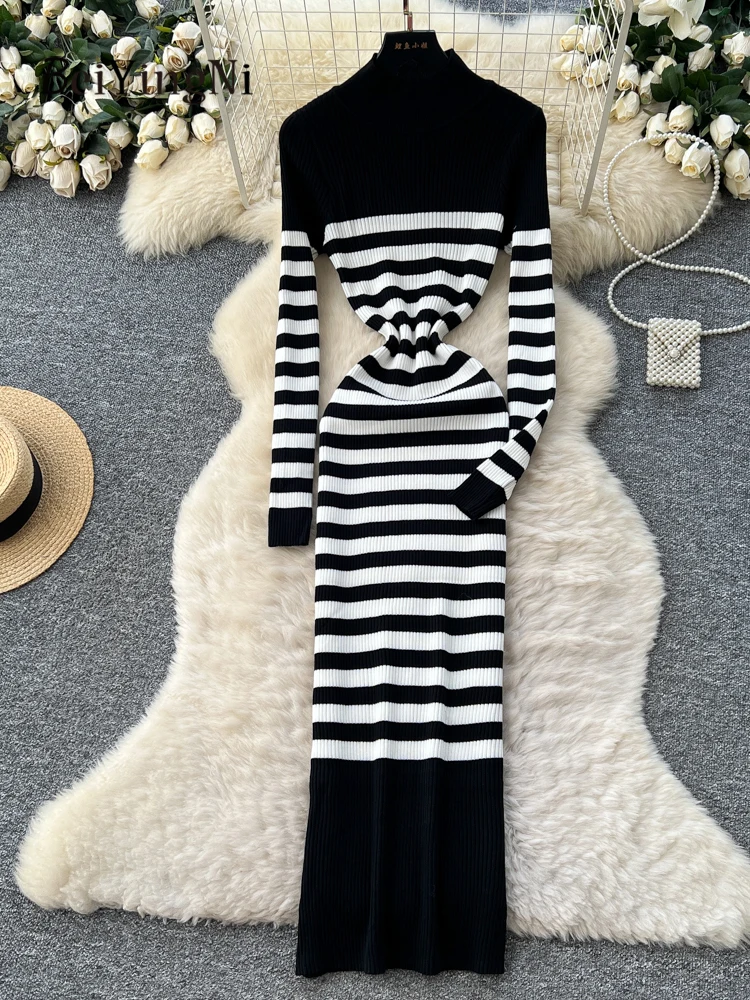 

Beiyingni корейское шикарное модное женское облегающее платье женское полосатое винтажное трикотажное платье для отдыха женские уличные обтягивающие платья