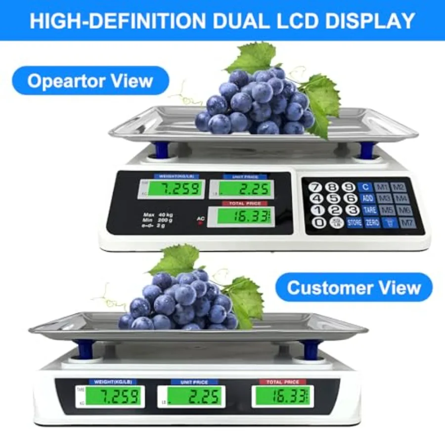 88lb 40kg Commercial Food Scale - Digital Price Computing Scale for Farmers' Markets with Price Calculator for Retail Outlets M