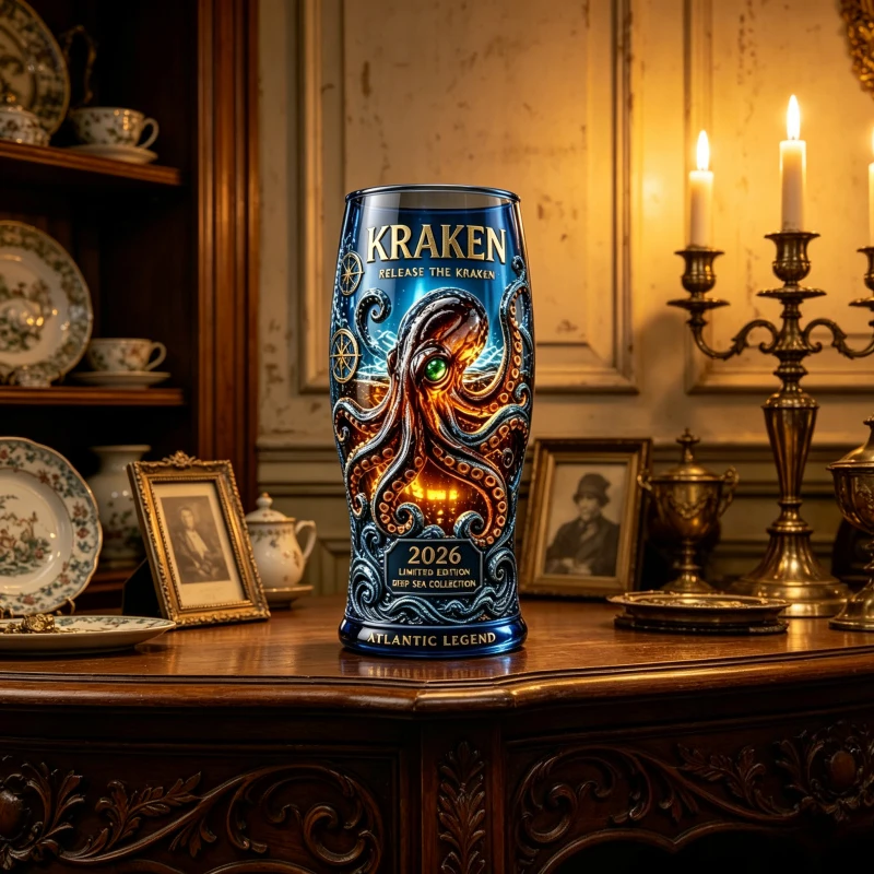 Kraken Atlantic Legends 2026 Limited Edition Glass Cup Blue Octopus Pattern Tumbler Collectible Ornaments