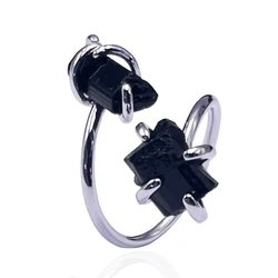 Irregular Black Tourmaline Open Ring Silver Color Handmade Raw Stone Finger Jewelry Resizable