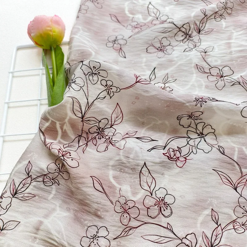 1 Meter Premium Pink Line Drawing Sakura Jacquard Digital Print Cotton Fabric Hanfu Qipao Dress DIY Sewing Clothing Material