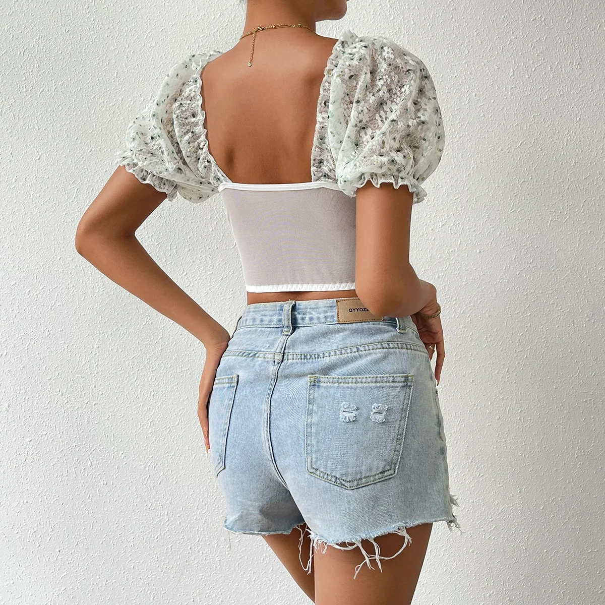 Vemina Sexy Lace Embroidery Hollow Out Women Short Sleeve Bodycon Slim Blouse,Street Style Backless Printed Puff Sleeve Crop Top