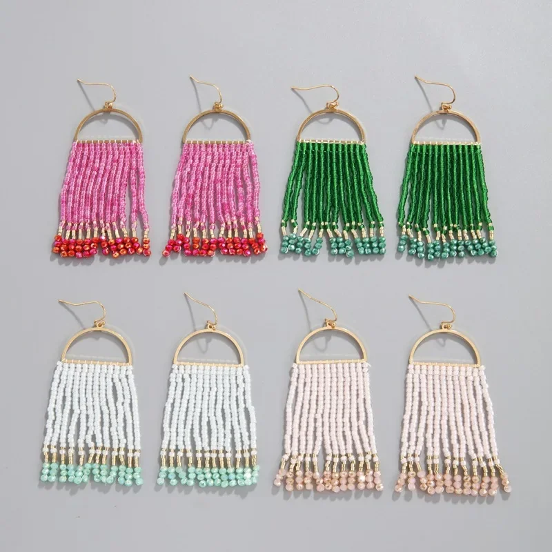 

Beaded earrings Tassel Tide Simple Hand knitting Bohemia Alloy geometry Retro Rice bead earrings