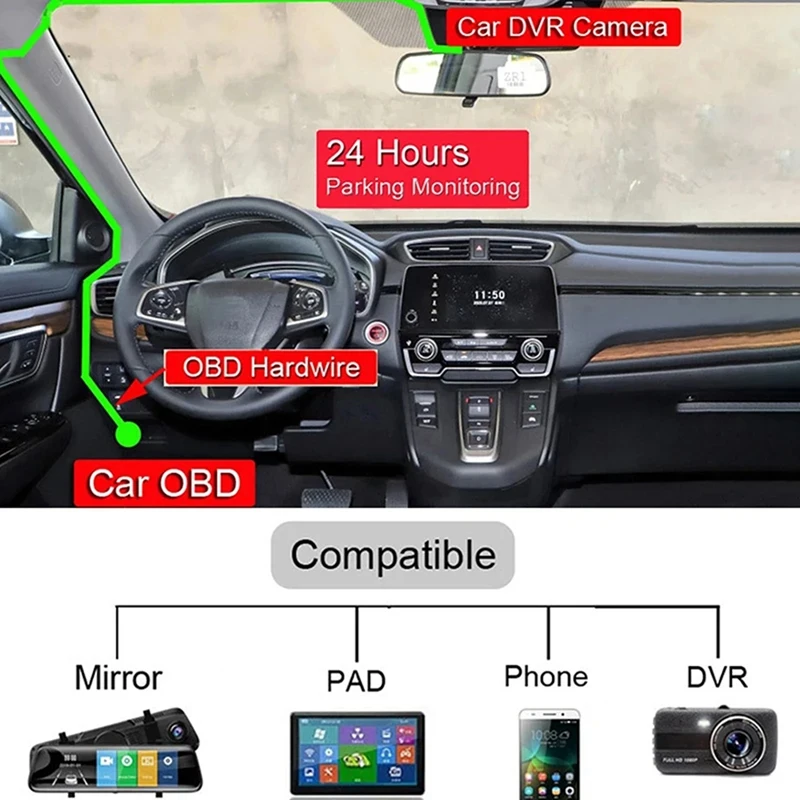 Car DVR Hardwire Kit For Low Vol Protection 5V 3A USB Port Car Charge Cable OBD Dashcam 24H Parking Monitoring Accessory