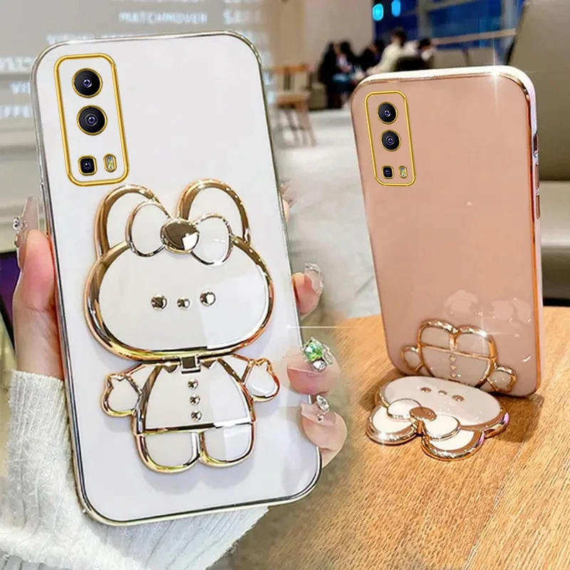 Y 72 5G Makeup Mirror Cute Rabbit Phone Holder Case On For Vivo Y72 5G IQOO Z3 VivoY72 Girl Woman Used Luxury Stand Cover