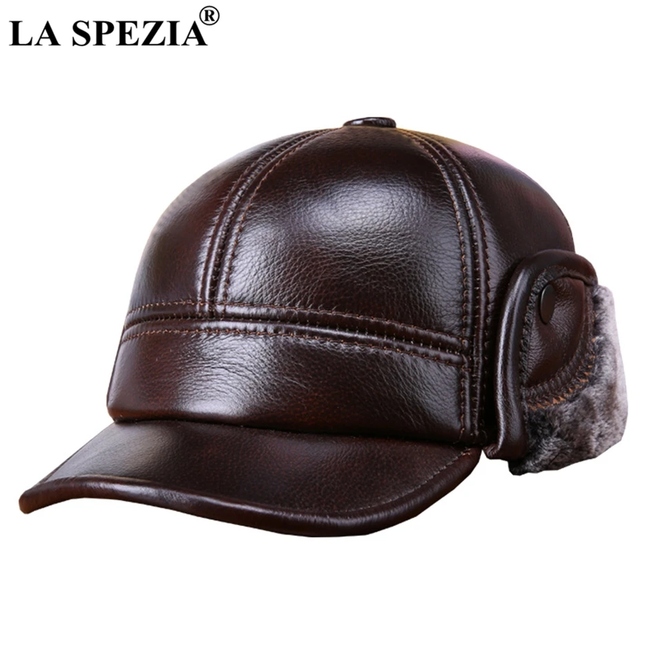 LA SPEZIA Winter Baseball Caps with Fur Earflaps Men Genuine Cow Leather Warm Thick Duckbill Hat Male Luxury Brown Leather Hat