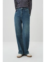 Ziqiao 100% Katoenen Jeans Met Hoge Taille En Rechte Pijpen Voor Dames 2024 Lente Nieuwe Losse Casual Broek Tot Op De Grond