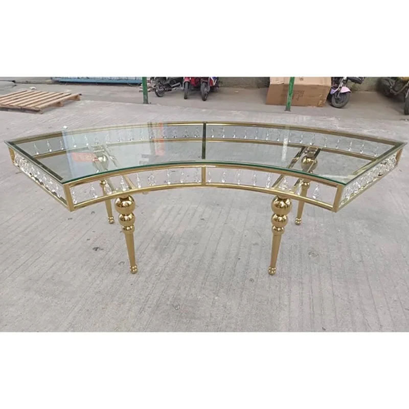 

Luxury Stainless Steel Banquet Dining Dinner Glass Serpentine Wedding Bridral And Groom Cake Table