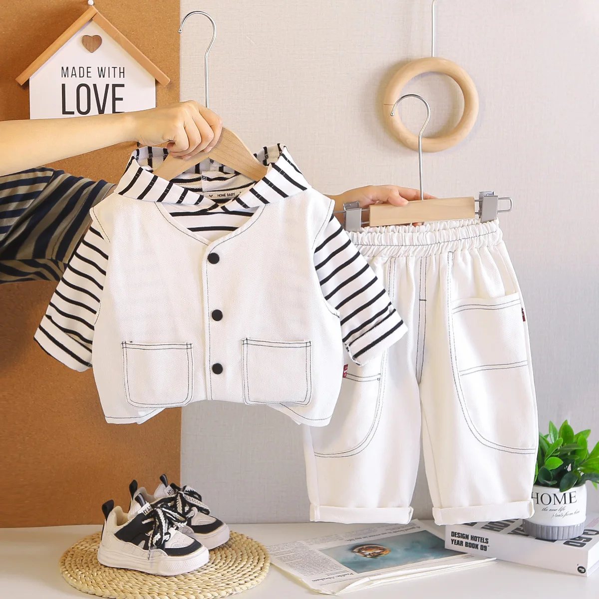Toddler Boy 3 Piece Outfit Set 2026 Fall Striped Long Sleeve Hooded Hoodies + Sleeveless Button Vest + Pocket Pants Kids Clothes