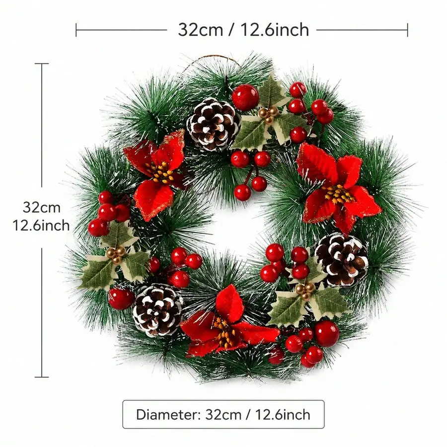 1Pc Christmas Wreath for Front Door,Artificial Wreath with Red Flowers Pinecones Fruit Leaves Snowflakes,Indoor Outdoor Home - view 6