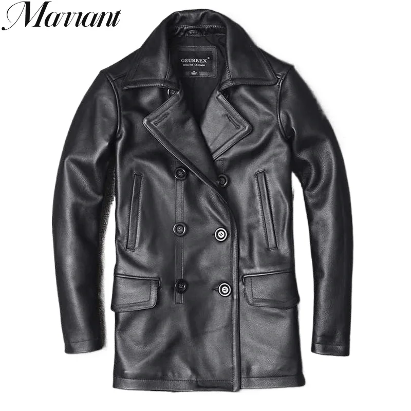 Genuine Leather Jacket Men's Top Layer Cowhide Jacket Mid-Length Men's Lapel Windbreaker Slim-Fit Jacket Double-Breasted