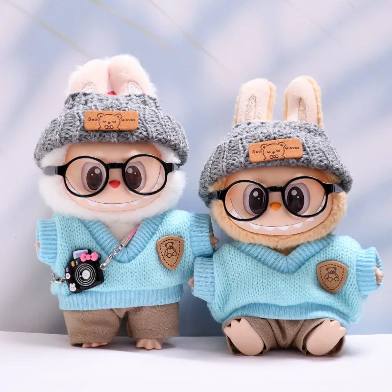 

LABUBU Doll Clothing Accessories Blue knitted waistcoat glasses and hat suit for 15cm/17cm Dolls Decorative Clothing